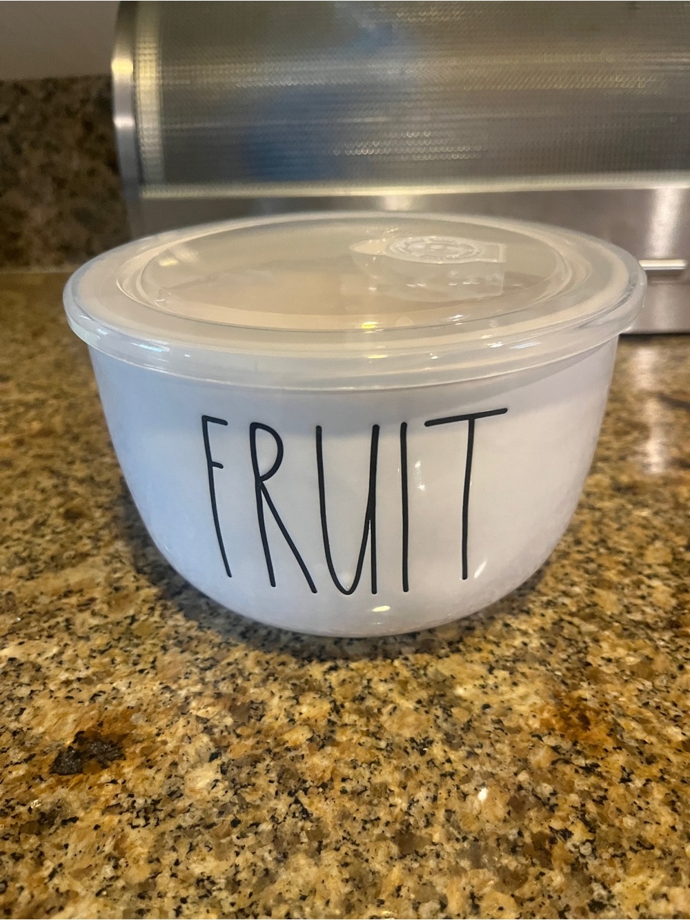 Rae Dunn White FRUIT Storage Bowl with Clear Suction Lid